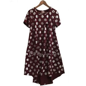 LuLaRoe Carly burgundy silver polka dot short sleeve dress S